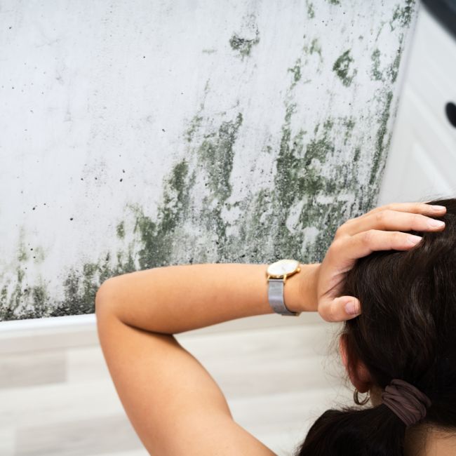 Blog Post Title is Mold Madness: Mycotoxin Urine Test at Home. Image is of a distressed woman with her hands on her head in her bathroom looking at mold.